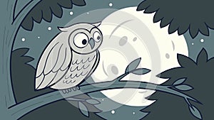 Wise Owl Perched on Branch Under Full Moon, Nocturnal Forest Scene, vector design Generative AI