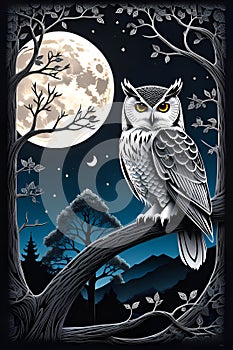A wise owl perches on tree in a forest, with a moon in a beautiful night, paper_cut