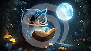 Wise owl reading book under moonlit forest