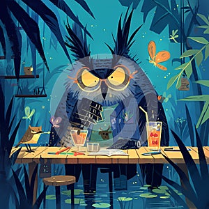 Wise Owl Reads a Book in Nocturnal Paradise