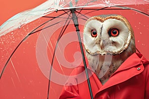 Wise owl in red rain jacket with see-through umbrella on red.