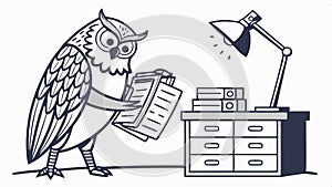 Wise owl studying at desk with books, education, knowledge concept art vector design Generative AI photo