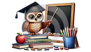 Wise Owl Teaching with Books and Blackboard