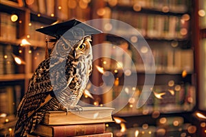 An wise owl wearing a graduation hat and sitting on top of books in the library