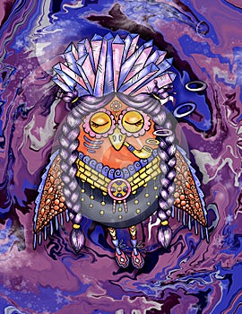 Wise shamanic owl with closed eyes in space illustration with colorful bakground