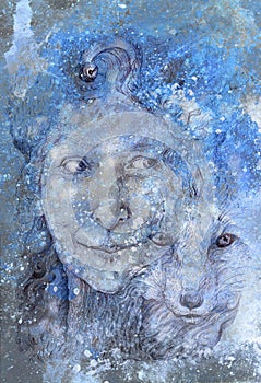 Wise shamanic woman forest goddess, blue winter version