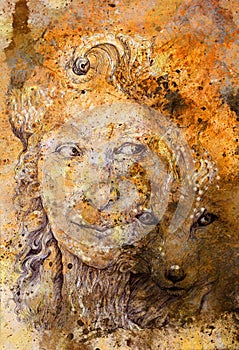 Wise shamanic woman forest goddess with fox, textured background