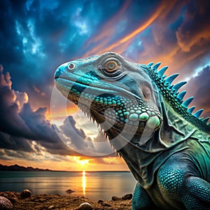 A wise, smart and attentive lizard in the foreground in a natural landscape scenery. AI generated