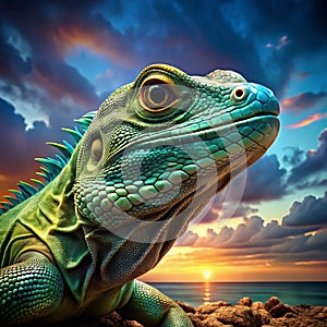 A wise, smart and attentive lizard in the foreground in a natural landscape scenery. AI generated