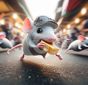 wise street mouse thieve wear cap escape street market stolen piece of cheese
