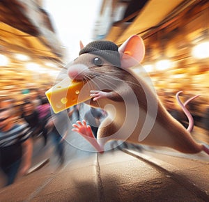 wise street mouse thieve wear cap escape street market stolen piece of cheese