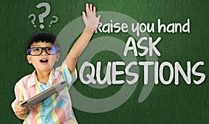 Wise student is raising hand to ask question