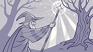 Wise wizard with staff, casting magic spell, vector design Generative AI