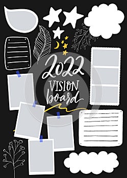 Wish board template with place for goals, dreams list, travel plans and inspiration. Vision collage for teens, nursery