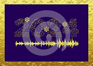 Wish card new year 2024 with geometric font with golden snowflakes and a sound wave on a gold and purple background