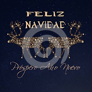 Wish card written in Spanish with 2 gold reindeers on a starry blue background