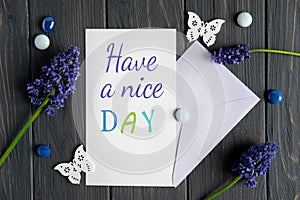 Wish on a postcard have a nice day. Photo for a blog post with the wishes of a good day. Banner for the site