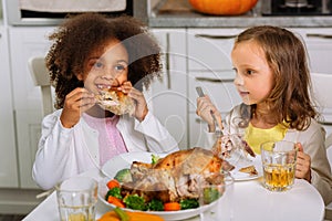 Wish you a happy Thanksgiving. The joyful children are sitting at the table. Traditional Thanksgiving dinner