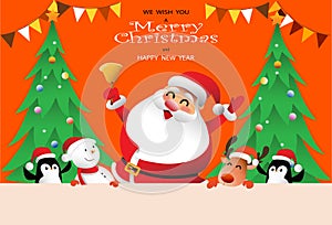We Wish you a Merry Christmas. Happy new year. Santa Claus character with a bell. Merry Santa Clause with animals, snow man,