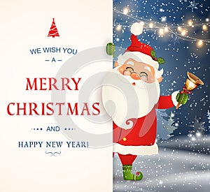 We Wish you a Merry Christmas. Happy new year. Santa Claus character with big signboard. Merry Santa Clause with jingle photo