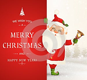 We Wish you a Merry Christmas. Happy new year. Santa Claus character with big signboard. Merry Santa Clause with jingle