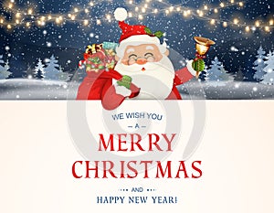 We Wish you a Merry Christmas. Happy new year. Santa Claus character with big signboard. Merry Santa Clause with jingle