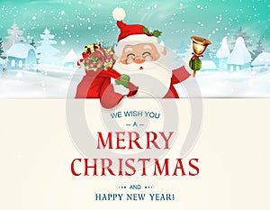 We Wish you a Merry Christmas. Happy new year. Santa Claus character with big signboard. Merry Santa Clause with jingle bell. Holi