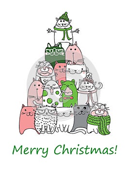 We wish you a Merry Christmas and a happy New Year. Stylish holiday card with cute cats in vector. Bright cartoon