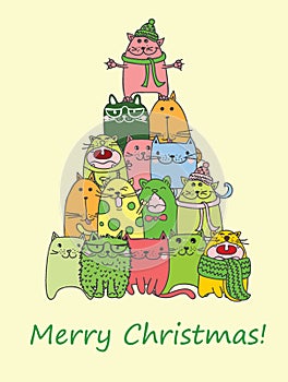 We wish you a Merry Christmas and a happy New Year. Stylish holiday card with cute cats in vector. Bright cartoon