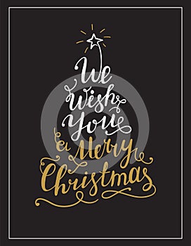 We wish you a Merry Christmas lettering text in the shape of Christmas Tree.