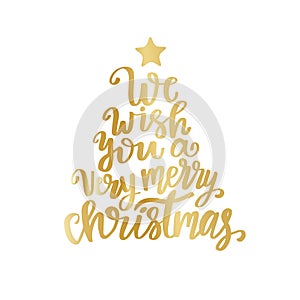 We wish you a merry christmas. Poster or greeting card design. Calligraphy lettering quote on green tree with red star.