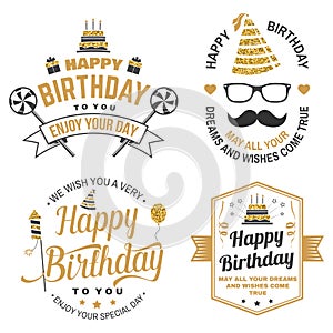 Wish you a very happy Birthday dear friend. Badge, card, with birthday hat, firework, mustache and cake with candles