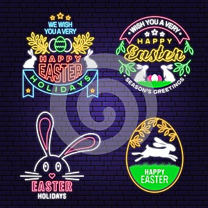 We wish you a very happy easter neon card, badge, logo, sign. Vector Neon typography design with rabbit and hand eggs