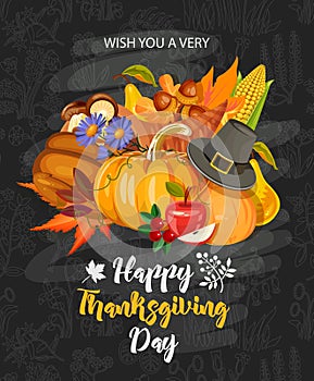 Wish you a very happy Thanksgiving day. Vector greeting card with autumn fruit, vegetables, leaves and flowers. Harvest festival