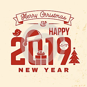 We wish you a very Merry Christmas and Happy New Year stamp, sticker set with snowflakes, christmas tree, gift.