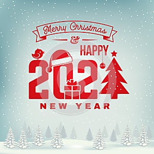 We wish you a very Merry Christmas and Happy New Year stamp, sticker set with snowflakes, christmas tree, gift.