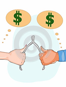 Wishbone and hands money or love thinking bubble illustration	white background