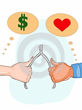 Wishbone and hands money or love thinking bubble illustration	white background
