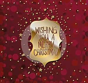 Wishing you a merry christamas in gold lettering with stars on a red background