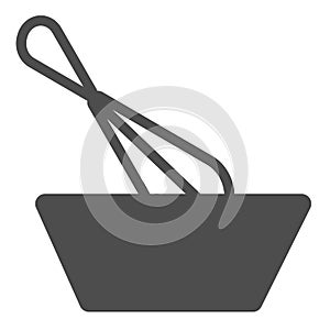 Wisk and bowl solid icon, Cooking concept, Dough making sign on white background, Mixing with whisk icon in glyph style