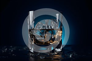 Wiskey beverage in glass with ice cubes on deep blue background