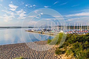 Wisla Smiala river with sailboats at marina of National Sailing Centre at Gorki Zachodnie in Gdansk.