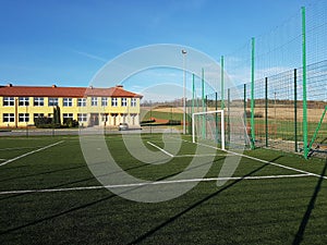 Wisniowa, Poland - 9 9 2018:An open stadium in the courtyard of a village school. Eduction of the younger generation. Sports groun