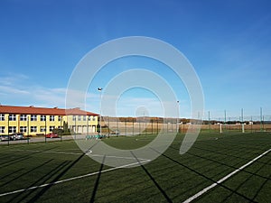 Wisniowa, Poland - 9 9 2018:An open stadium in the courtyard of a village school. Eduction of the younger generation. Sports groun