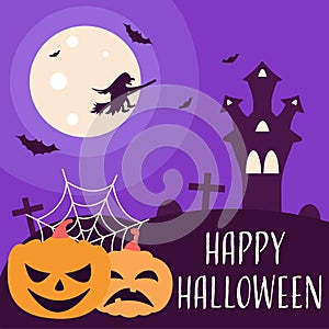 A witch on the background of the moon, bats, a castle and pumpkins with cobwebs. Vector flat illustration for Halloween