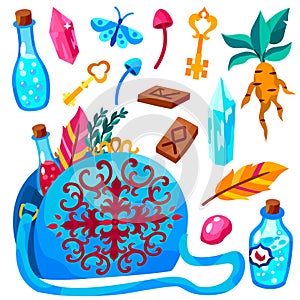 Witch bag, witchcraft items, magic vector illustration set. Flat design