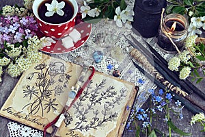 Witch book with magic and healing herbs, black candles and cup of tea