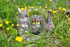 Witch bottles with potion and elixir on the grass in the spring garden. photo