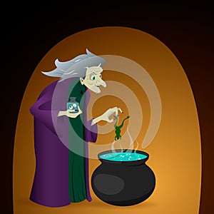 Witch brew a potion in cauldron. Vector illustration