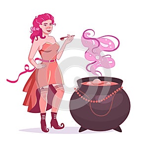 Witch brews a potion. Pin up style. Boots with curved noses Vector. Cartoon.  art on white background